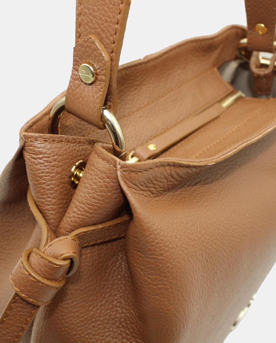 Mala Tipo Tote em Pele Rustic com Fecho de Correr e Alça de Tiracolo Camel-3