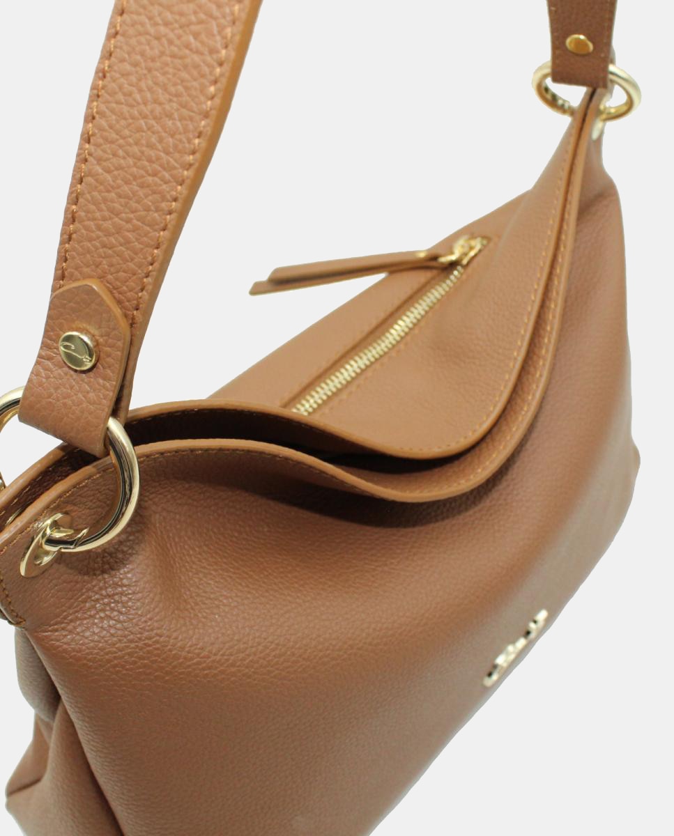 Mala Hobo em Pele Rustic com Fecho de Correr e Alça de Tiracolo Camel-3