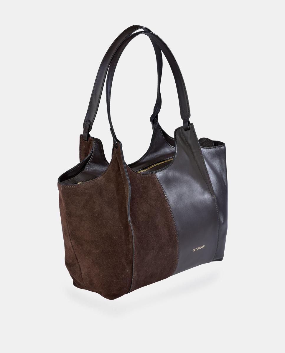 Mala Tipo Tote em Pele e Croute com Pouch Interior Castanho-2