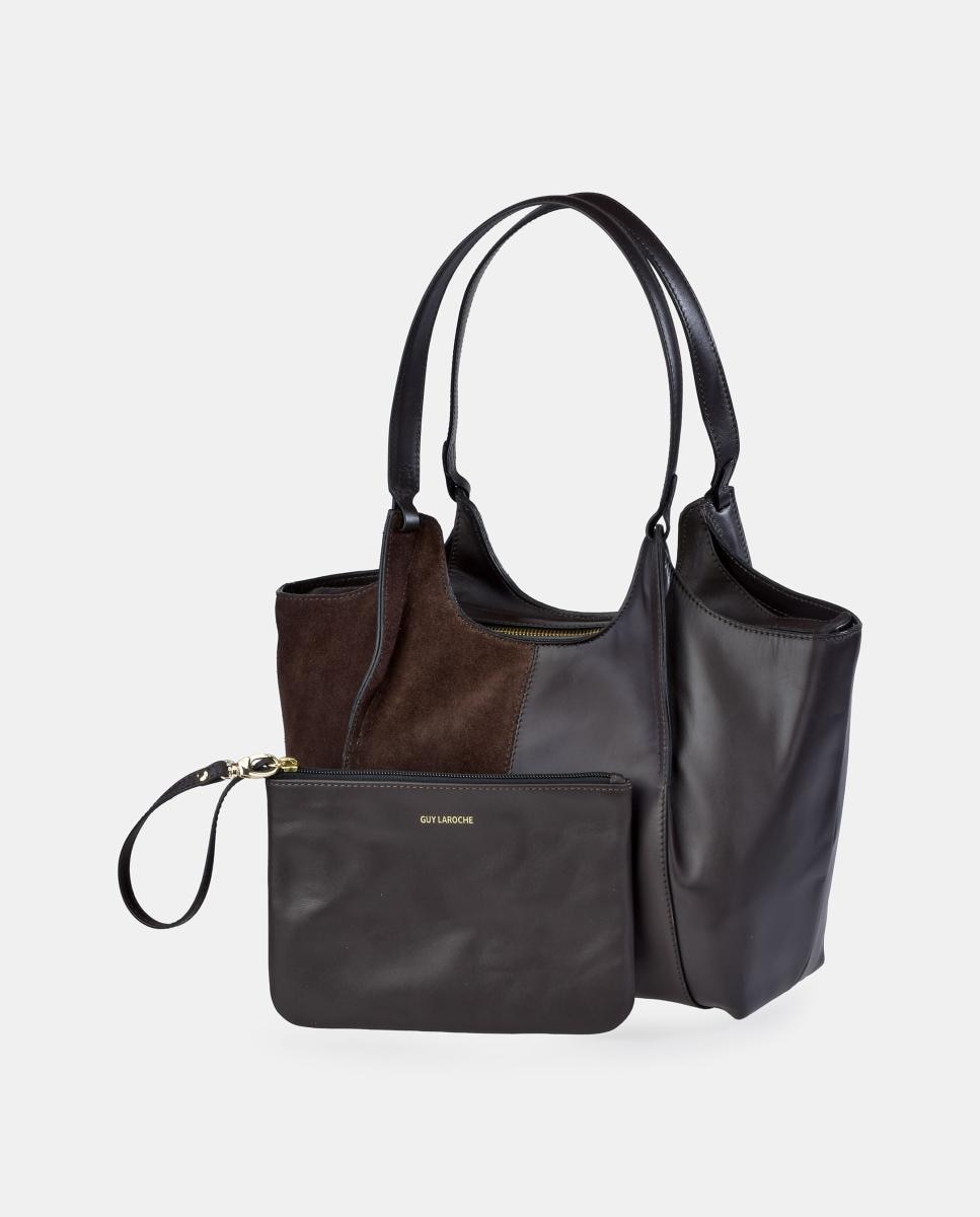 Mala Tipo Tote em Pele e Croute com Pouch Interior Castanho-3