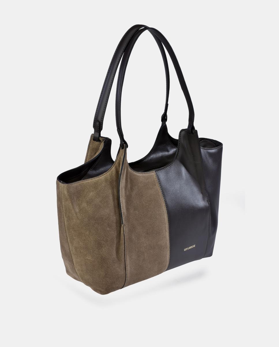 Mala Tipo Tote em Pele e Croute com Pouch Interior Castanho taupe-2