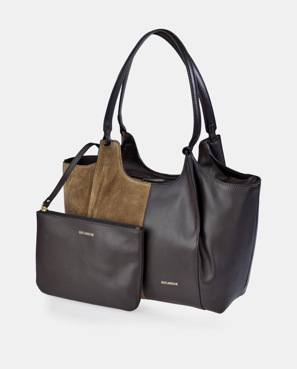 Mala Tipo Tote em Pele e Croute com Pouch Interior Castanho taupe-3