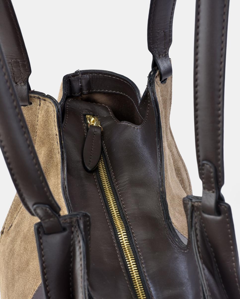Mala Tipo Tote em Pele e Croute com Pouch Interior Castanho taupe-4