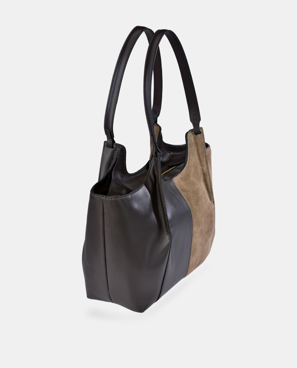 Mala Tipo Tote em Pele e Croute com Pouch Interior Castanho taupe-5