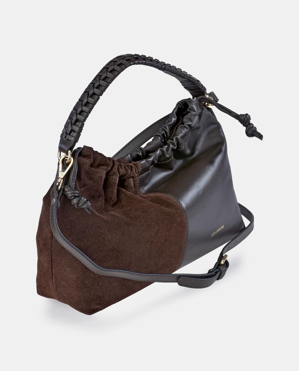 Mala Bucket em Pele e Croute com Alça de Mão Castanho-2