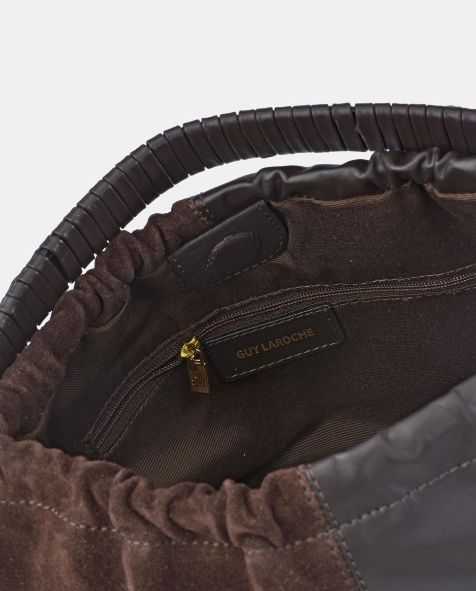 Mala Bucket em Pele e Croute com Alça de Mão Castanho-3