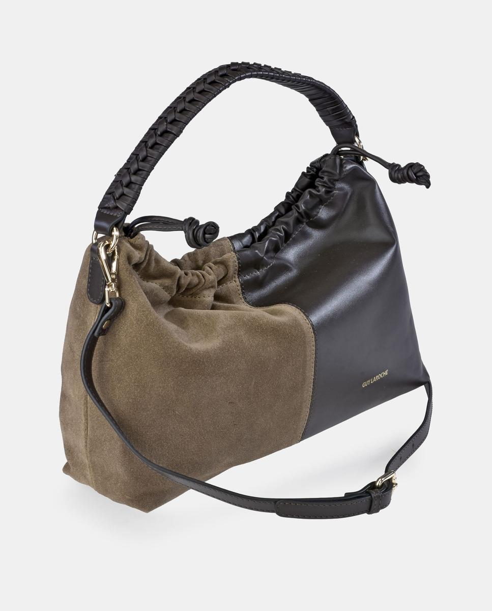 Mala Bucket em Pele e Croute com Alça de Mão Castanho taupe-2