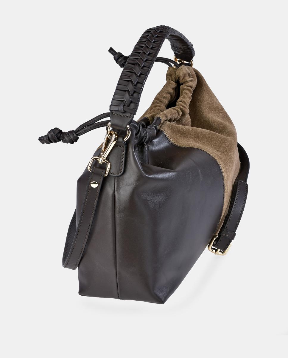 Mala Bucket em Pele e Croute com Alça de Mão Castanho taupe-3