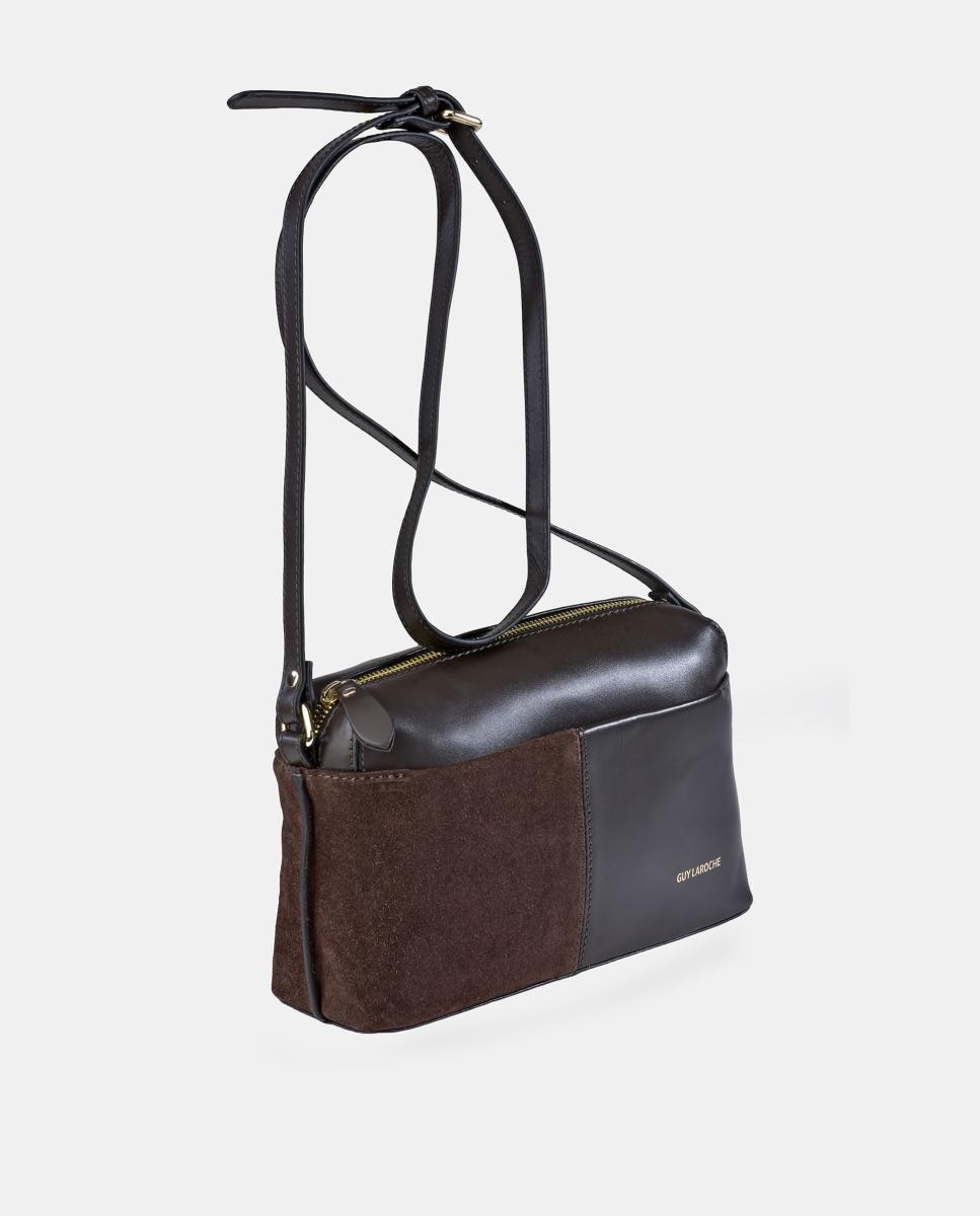Mala Crossbody em Pele e Croute com Fecho de Correr Castanho-2