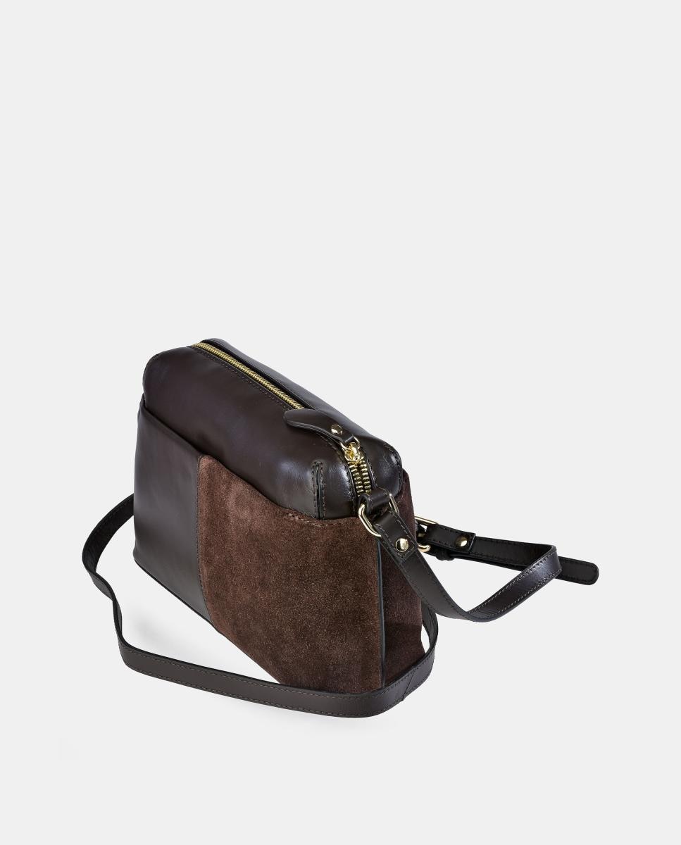 Mala Crossbody em Pele e Croute com Fecho de Correr Castanho-3
