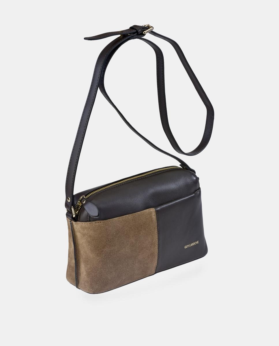 Mala Crossbody em Pele e Croute com Fecho de Correr Castanho taupe-2