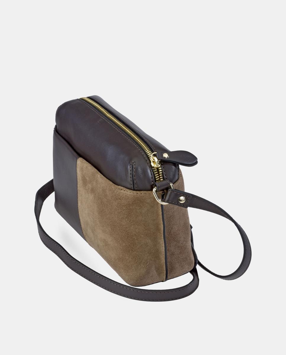 Mala Crossbody em Pele e Croute com Fecho de Correr Castanho taupe-3