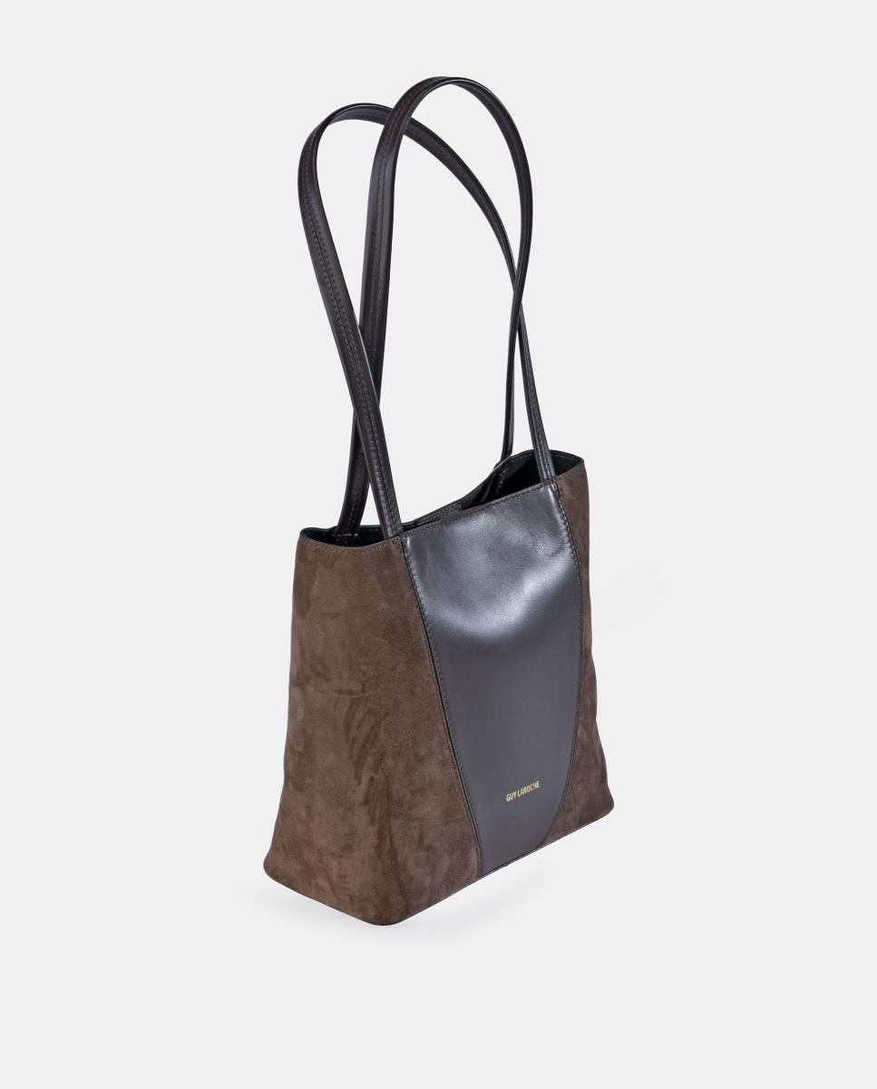Mala Shopper Mini em Pele e Croute com Alça Dupla Castanho-2