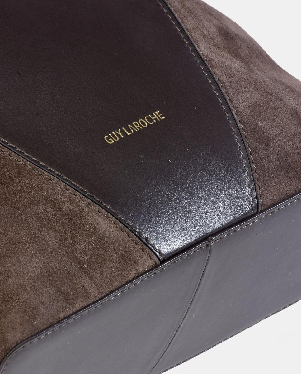 Mala Shopper Mini em Pele e Croute com Alça Dupla Castanho-3