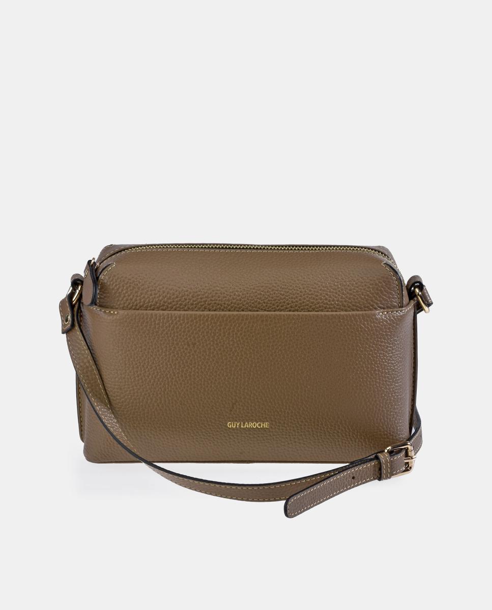 Mala Crossbody em Pele com Bolso à Frente Castanho Suave-1