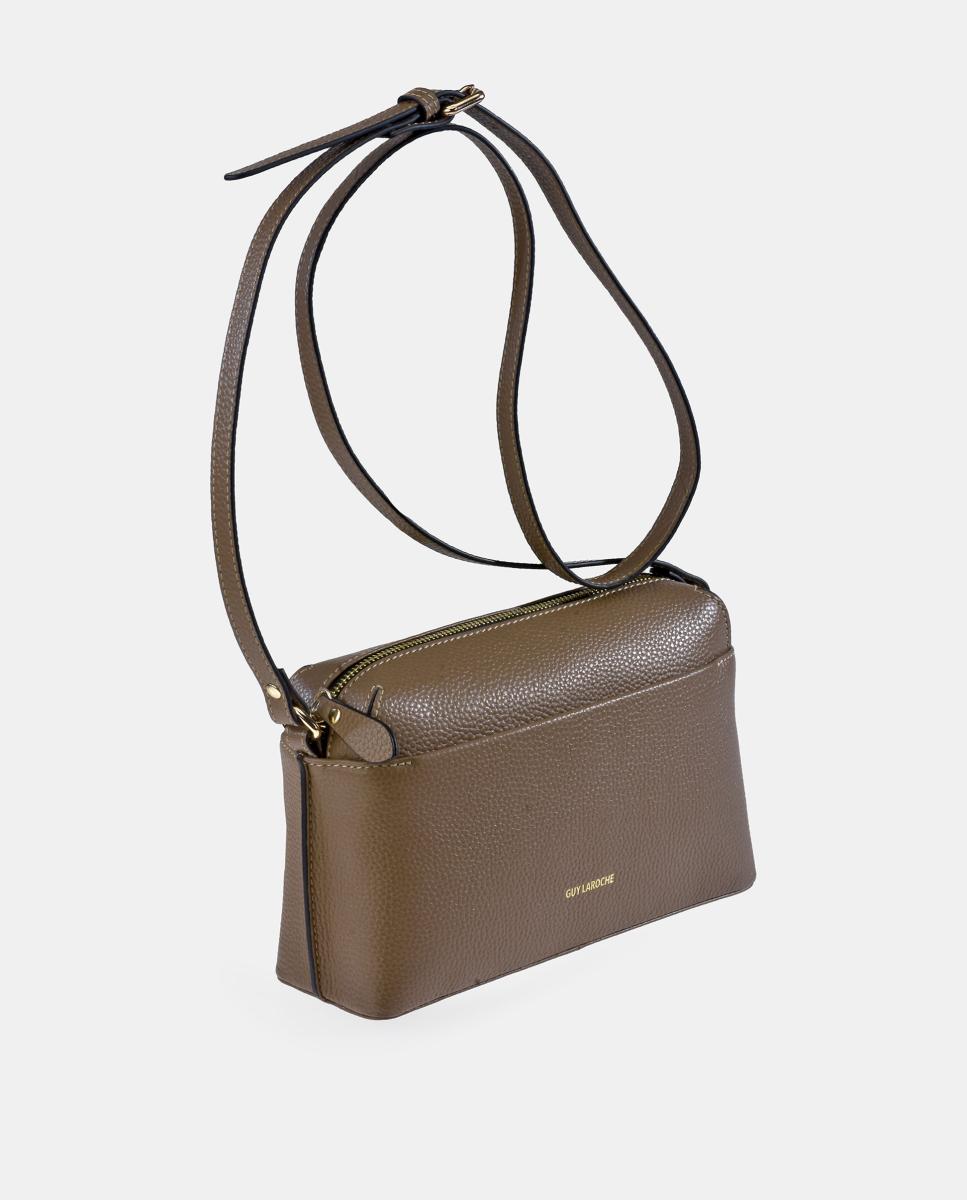 Mala Crossbody em Pele com Bolso à Frente Castanho Suave-2