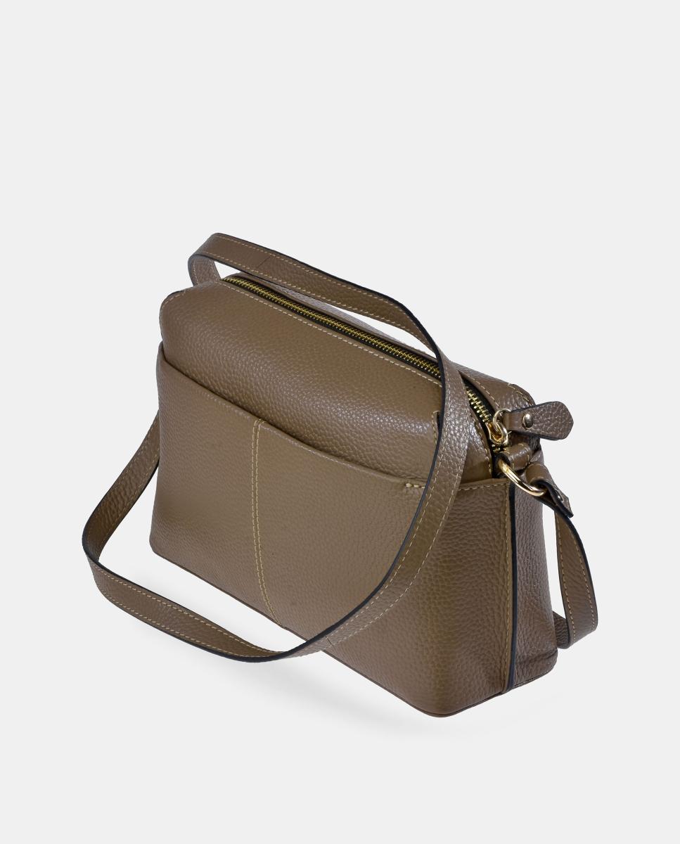 Mala Crossbody em Pele com Bolso à Frente Castanho Suave-3