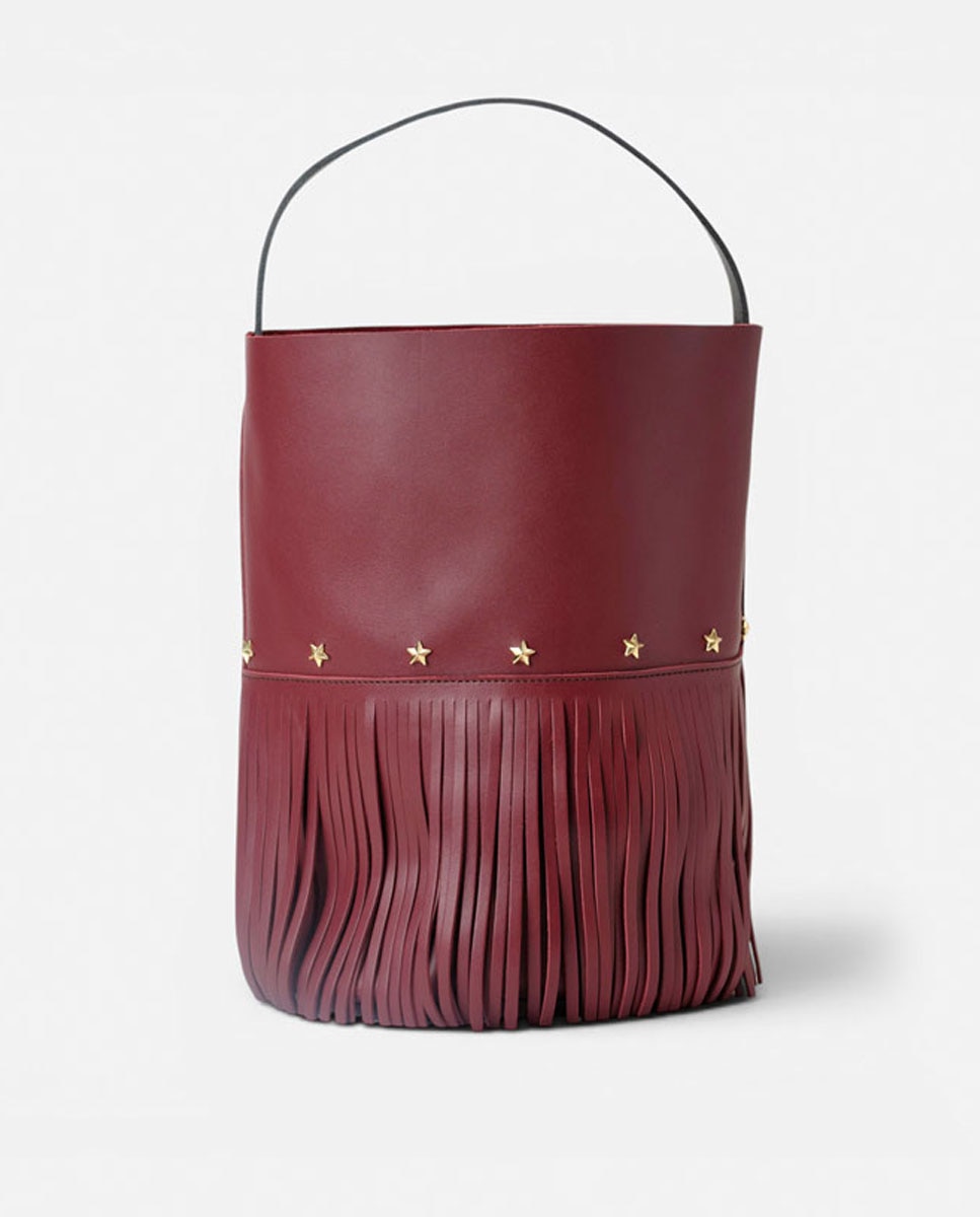 Bolso grande de piel estilo cubo con flecos un asa fija corta y una larga - Mercules - Rojo Granate Rojo Granate-1