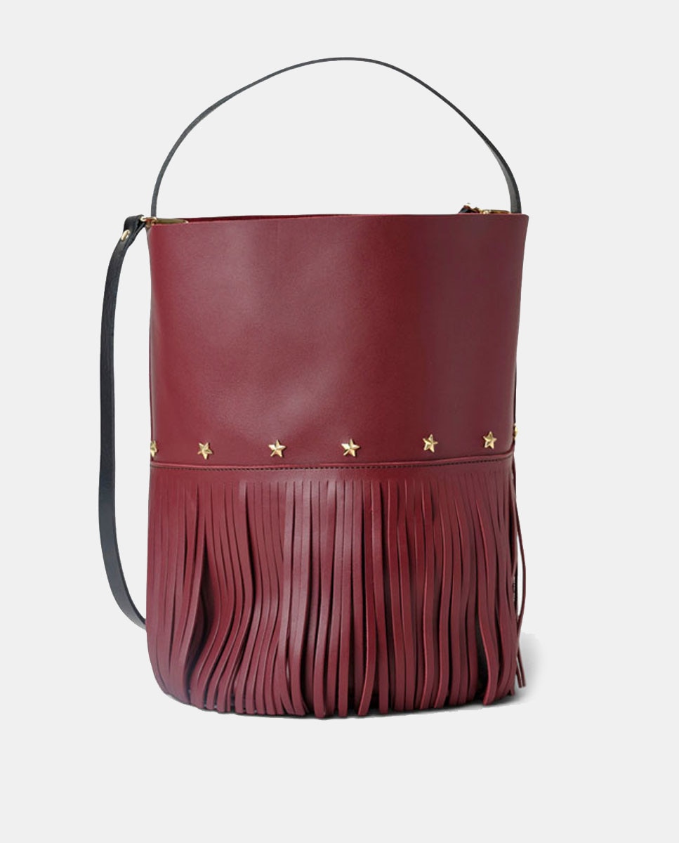 Bolso grande de piel estilo cubo con flecos un asa fija corta y una larga - Mercules - Rojo Granate Rojo Granate-2