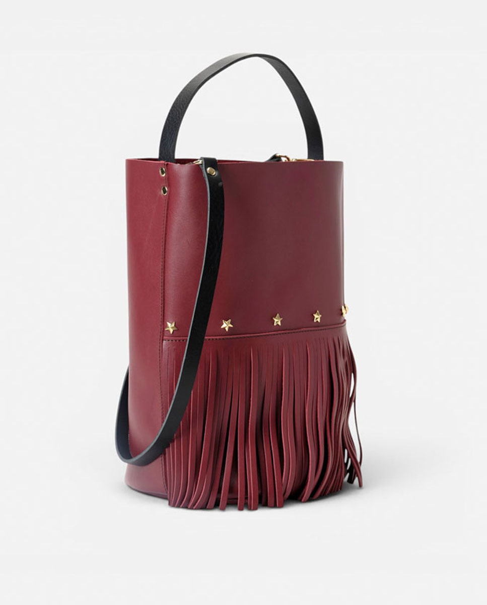 Bolso grande de piel estilo cubo con flecos un asa fija corta y una larga - Mercules - Rojo Granate Rojo Granate-3