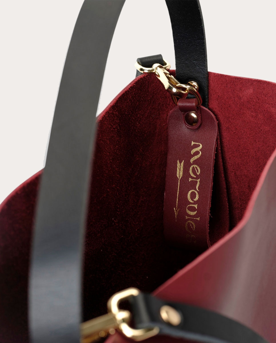Bolso grande de piel estilo cubo con flecos un asa fija corta y una larga - Mercules - Rojo Granate Rojo Granate-4