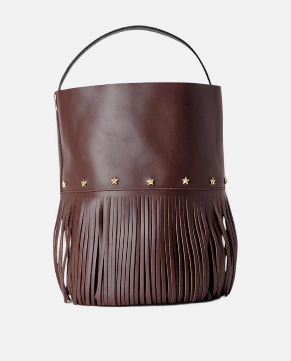 Bolso grande de piel estilo cubo con flecos un asa fija corta y una larga - Mercules - Marrón chocolate Marrón chocolate-1
