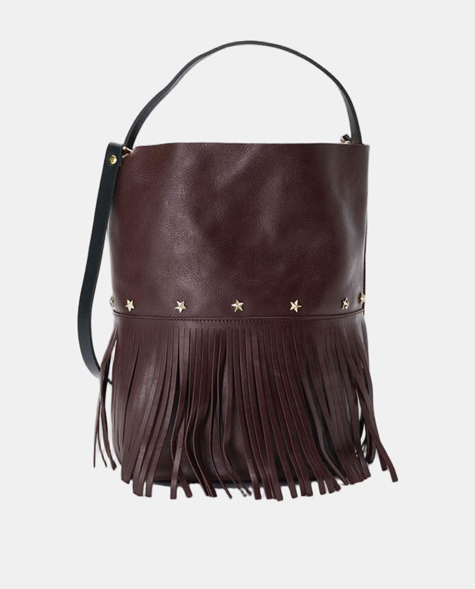 Bolso grande de piel estilo cubo con flecos un asa fija corta y una larga - Mercules - Marrón chocolate Marrón chocolate-2