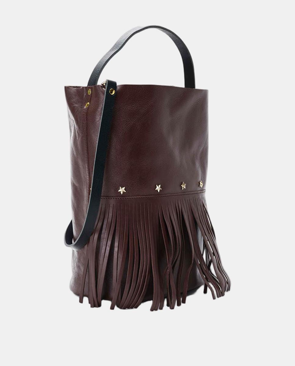 Bolso grande de piel estilo cubo con flecos un asa fija corta y una larga - Mercules - Marrón chocolate Marrón chocolate-3