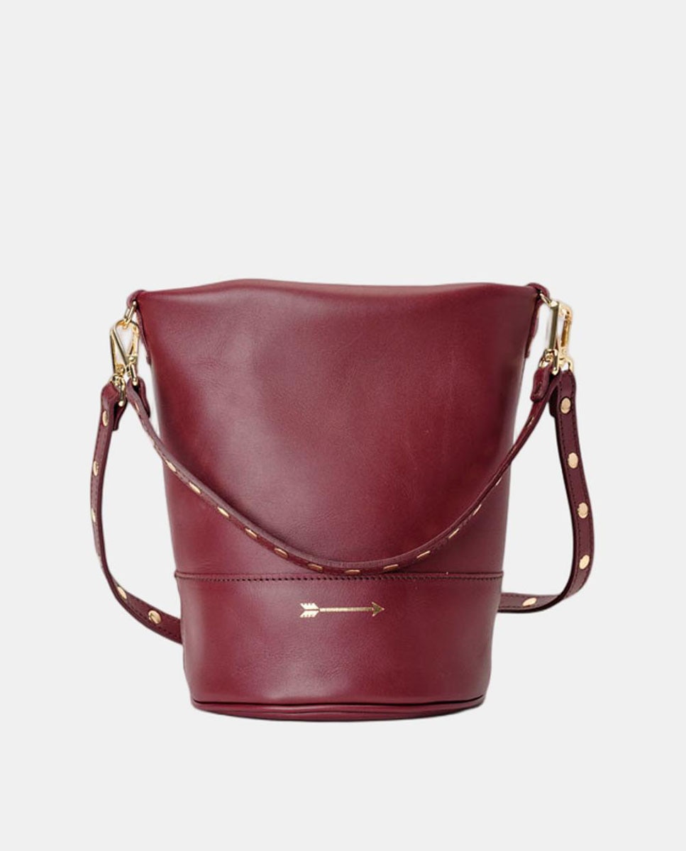 Bolso mediano de piel estilo cubo que cuenta con dos asas de remaches desmontables - Mercules - Rojo Teja Rojo Granate-2