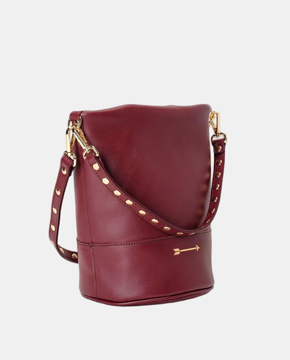 Bolso mediano de piel estilo cubo que cuenta con dos asas de remaches desmontables - Mercules - Rojo Teja Rojo Granate-3