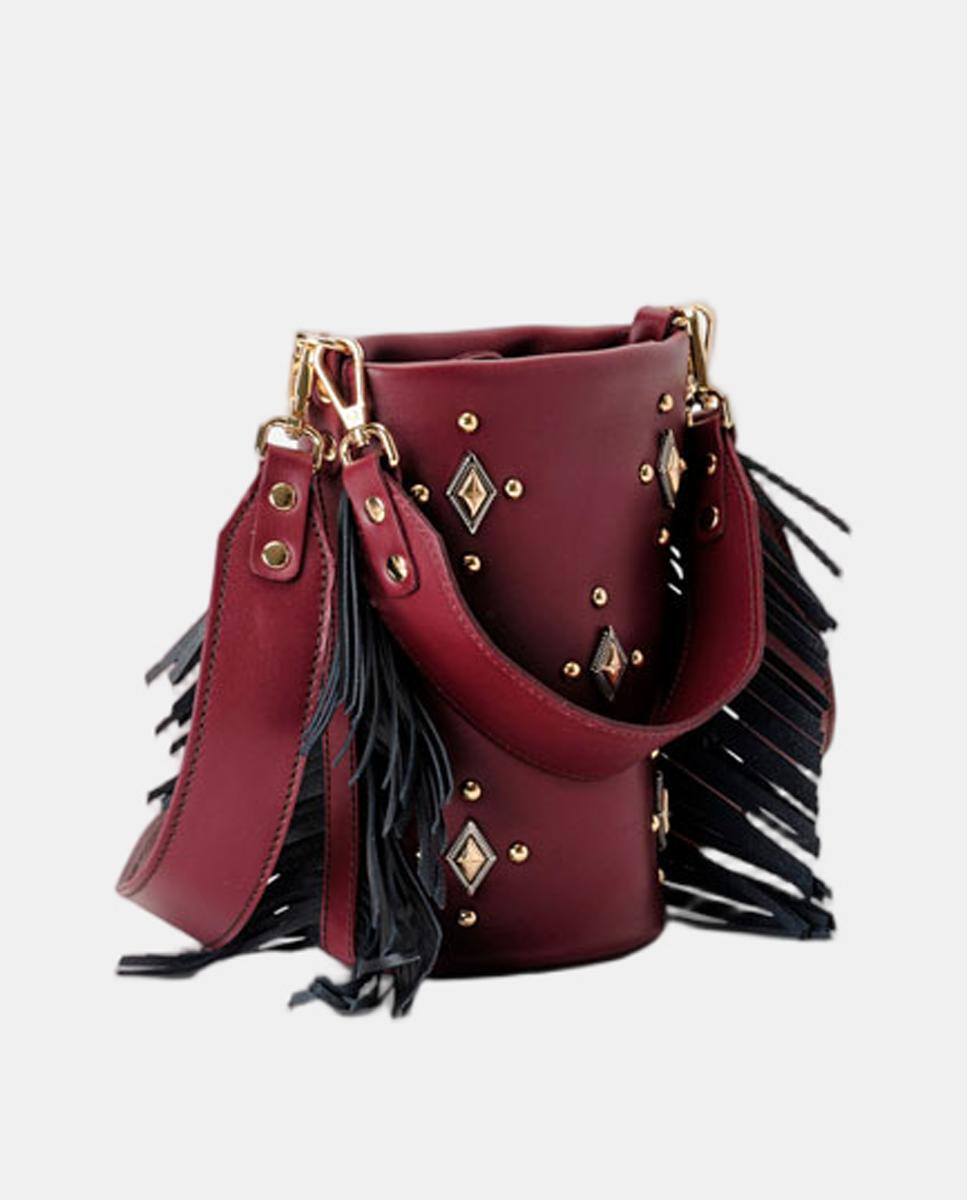 Mala Pequena em Pele com Franjas Laterais, Tachas Decorativas às Frente e Alça Larga Dupla Vermelho/Grená-3