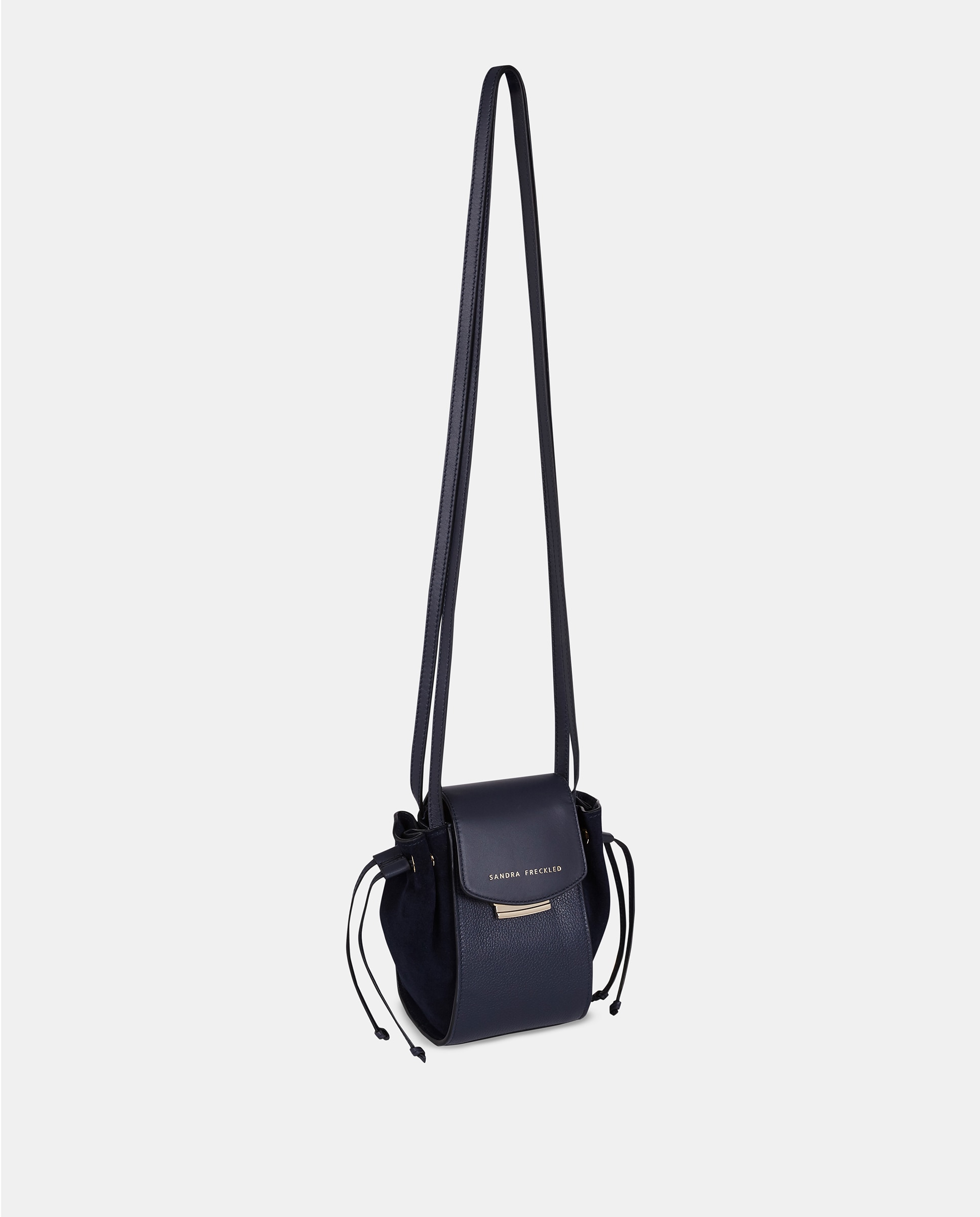 Mala Crossbody Pequena em Pele Combinada com Aba e Alças Compridas Azul-escuro-2