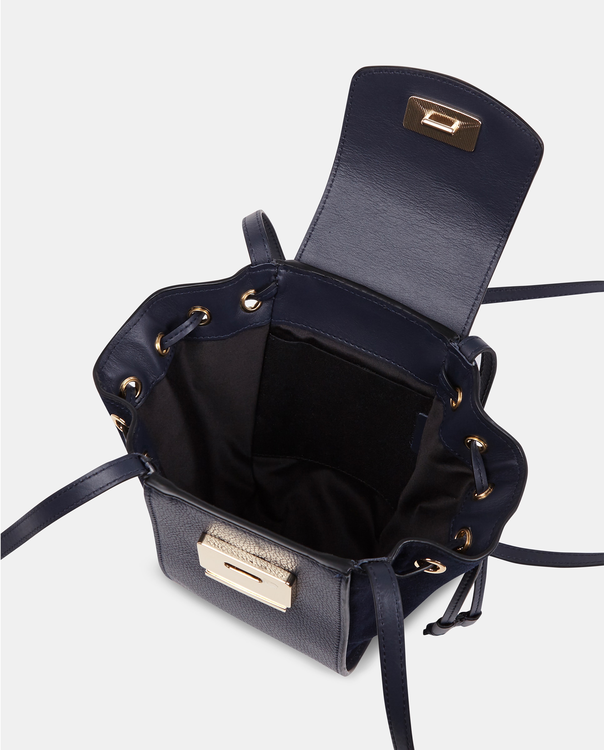 Mala Crossbody Pequena em Pele Combinada com Aba e Alças Compridas Azul-escuro-3