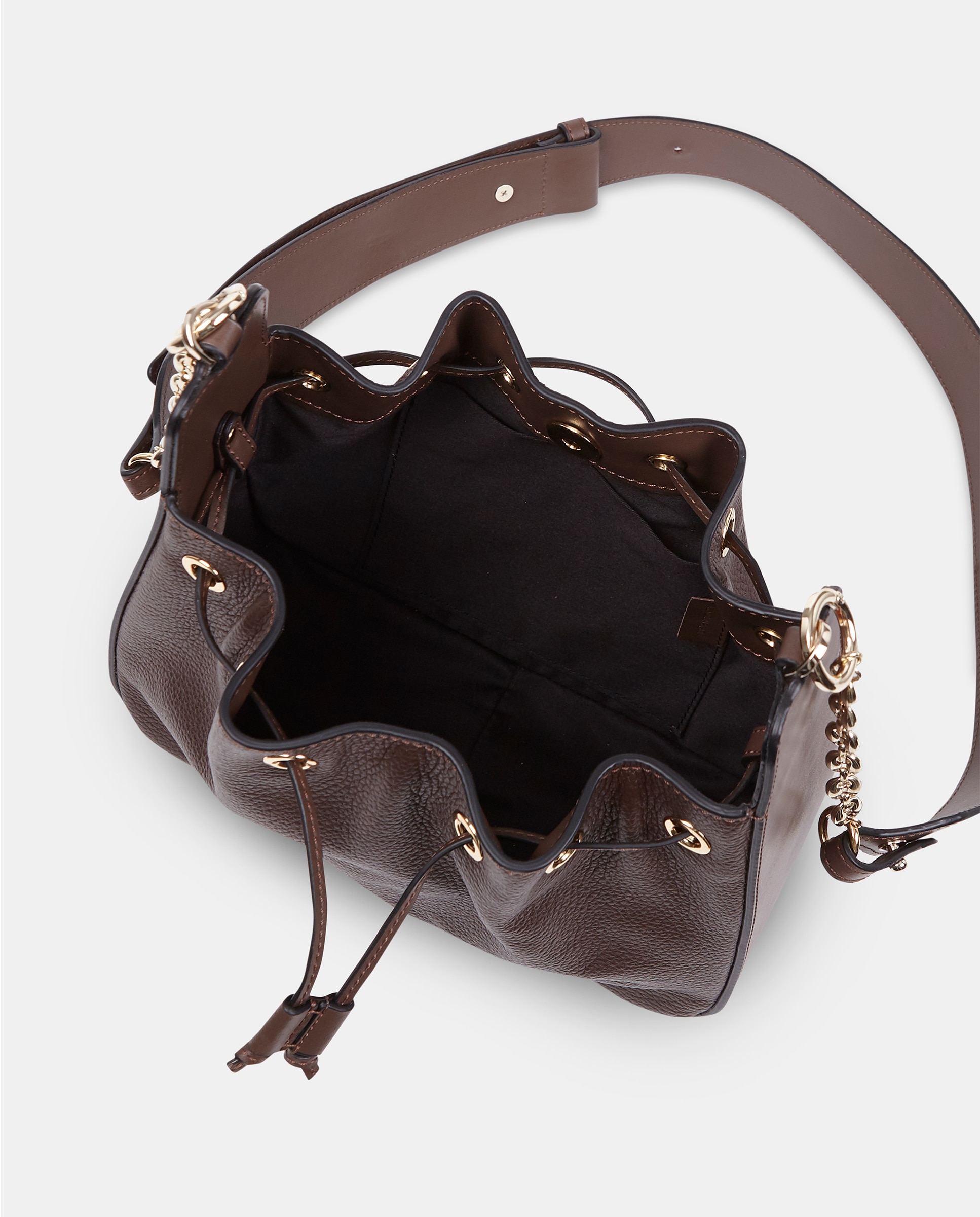 Mala Crossbody Pequena com Alça de Tiracolo Larga e Fecho de Cordão em Pele Lisa Castanho-chocolate-3