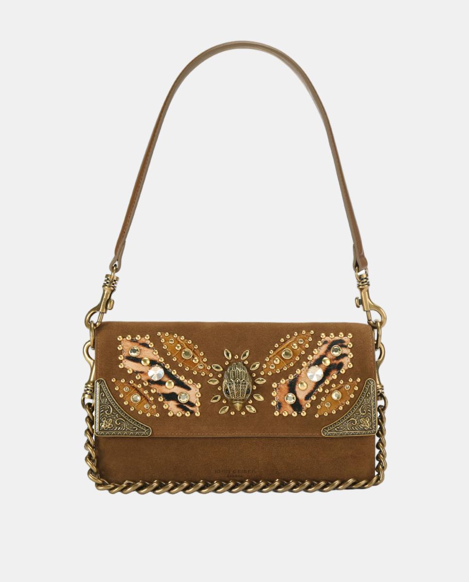 Bolso de hombro en piel con solapa decorada con cristales multicolor y detalles metálicos - Kurt Geiger - Marrón Marrón-1