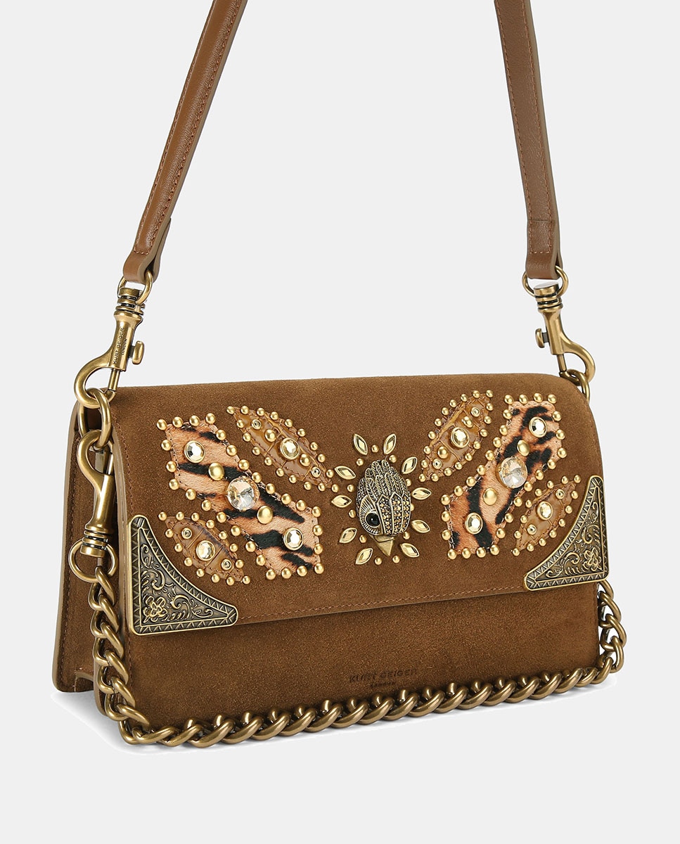 Bolso de hombro en piel con solapa decorada con cristales multicolor y detalles metálicos - Kurt Geiger - Marrón Marrón-2
