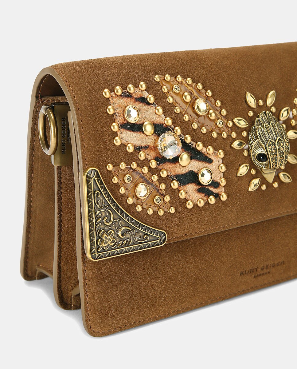 Bolso de hombro en piel con solapa decorada con cristales multicolor y detalles metálicos - Kurt Geiger - Marrón Marrón-4