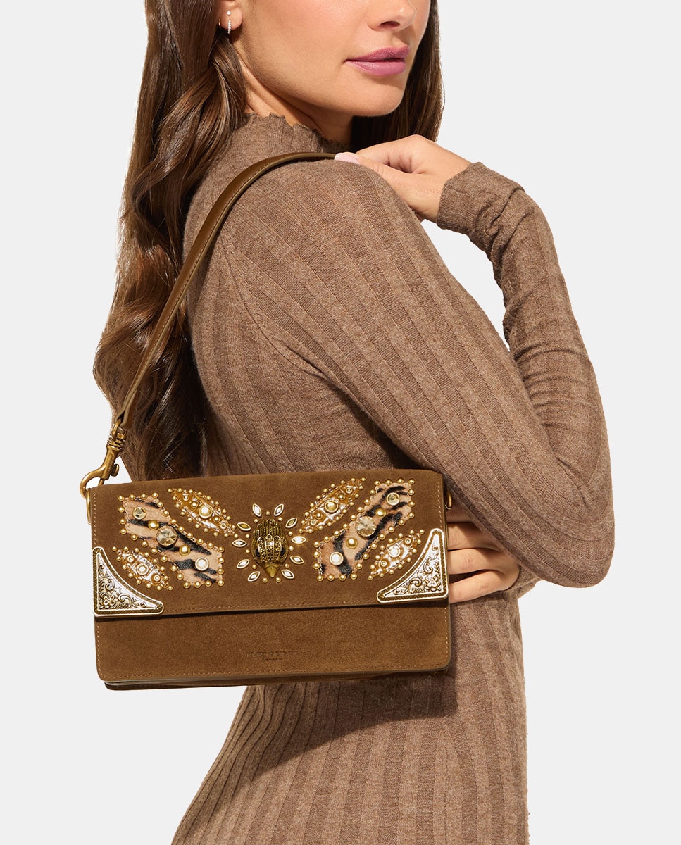 Bolso de hombro en piel con solapa decorada con cristales multicolor y detalles metálicos - Kurt Geiger - Marrón Marrón-5