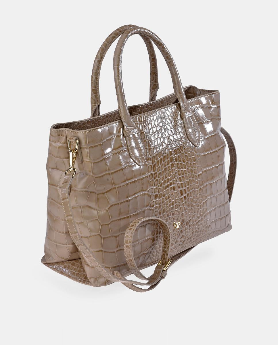 Mala Shopper em Pele com Efeito Croco e com Alça Dupla Bege-2