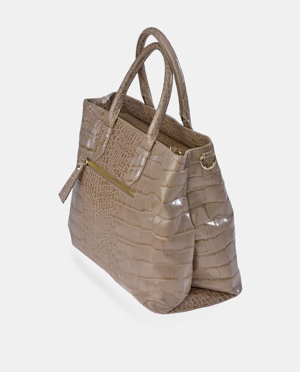 Mala Shopper em Pele com Efeito Croco e com Alça Dupla Bege-3