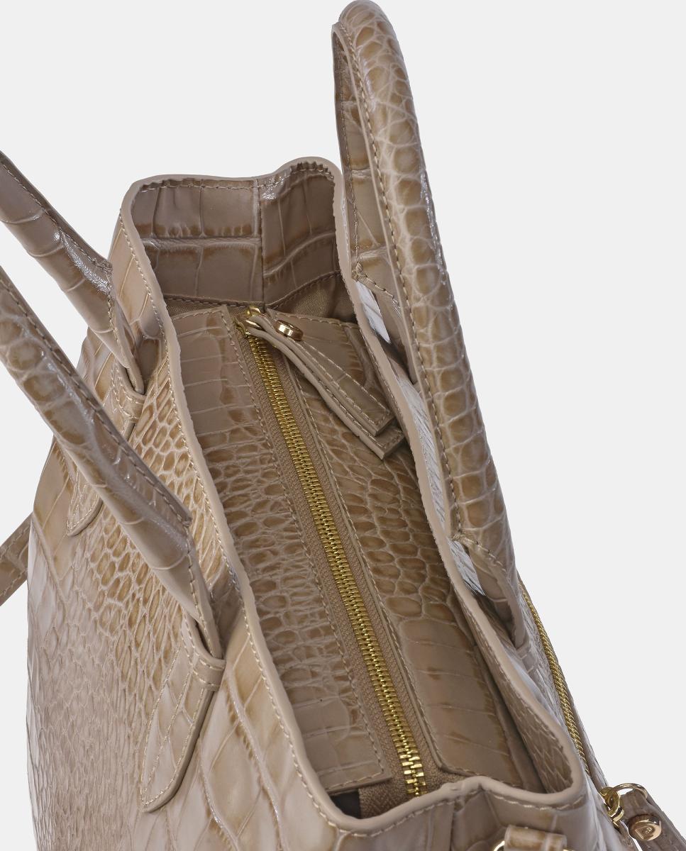 Mala Shopper em Pele com Efeito Croco e com Alça Dupla Bege-4