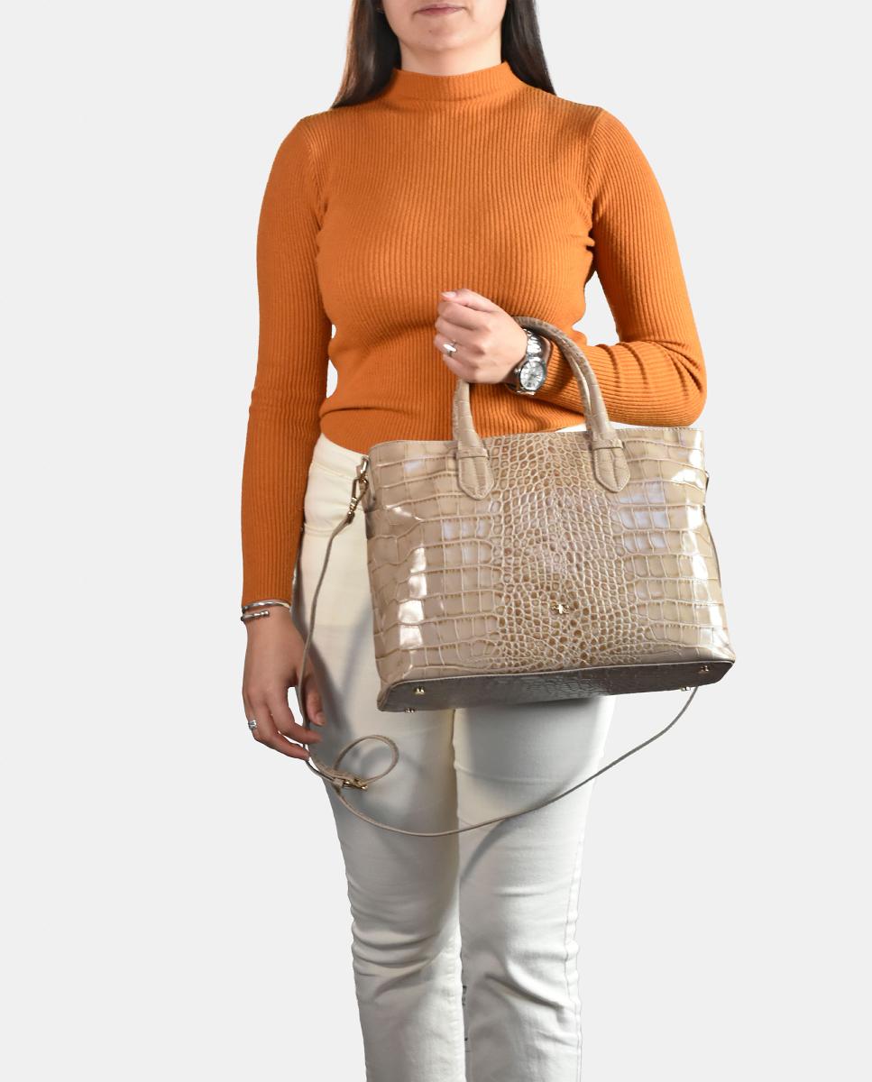 Mala Shopper em Pele com Efeito Croco e com Alça Dupla Bege-5