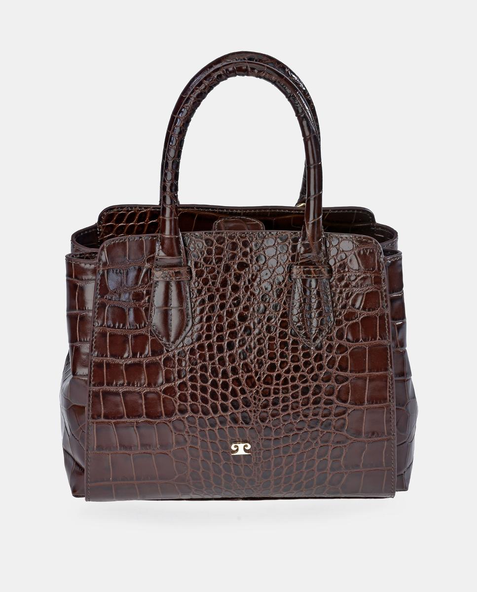 Mala Shopper Pequena de Alça Dupla em Pele com Efeito Croco Castanho-1