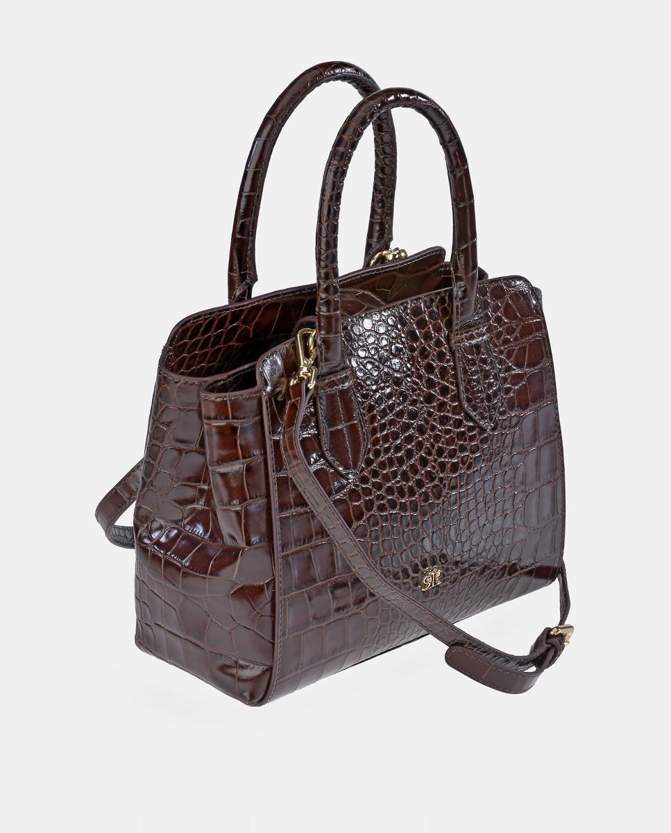 Mala Shopper Pequena de Alça Dupla em Pele com Efeito Croco Castanho-2