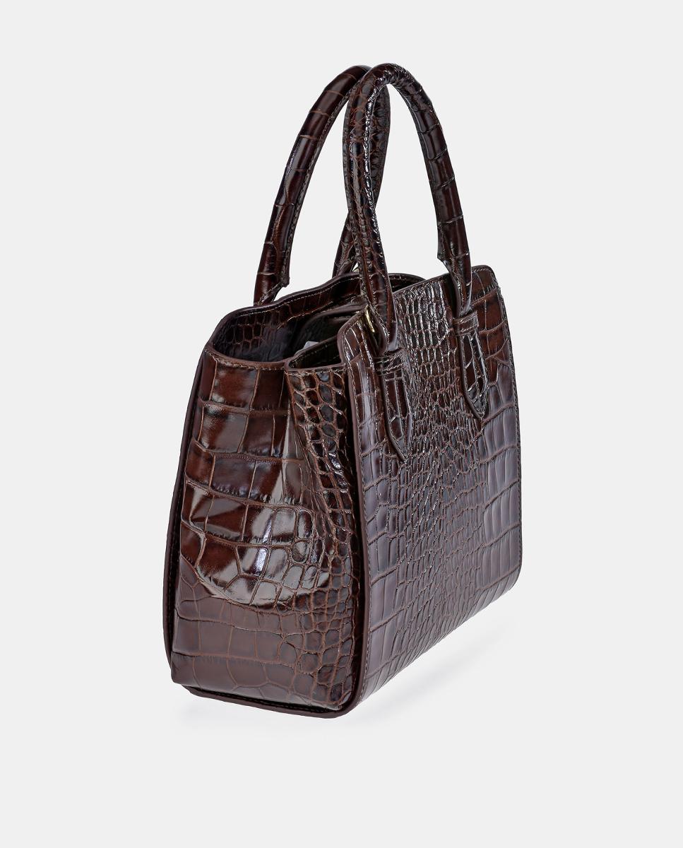 Mala Shopper Pequena de Alça Dupla em Pele com Efeito Croco Castanho-3