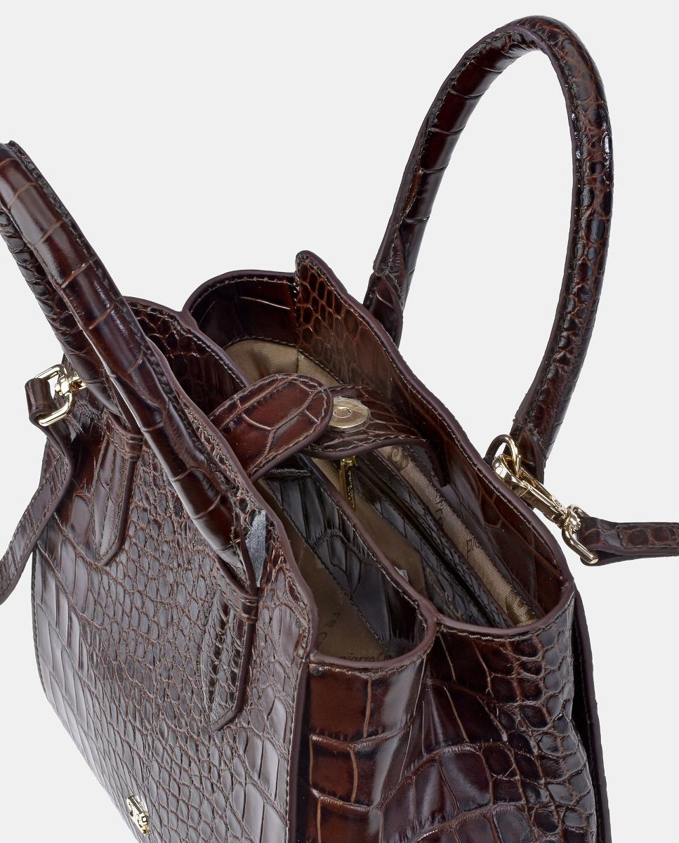 Mala Shopper Pequena de Alça Dupla em Pele com Efeito Croco Castanho-4
