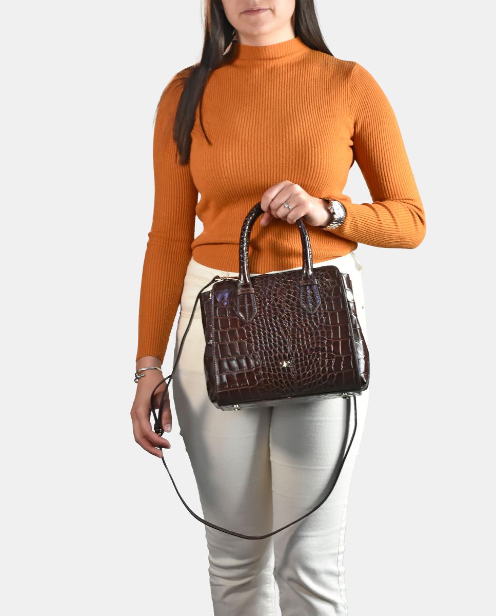 Mala Shopper Pequena de Alça Dupla em Pele com Efeito Croco Castanho-5