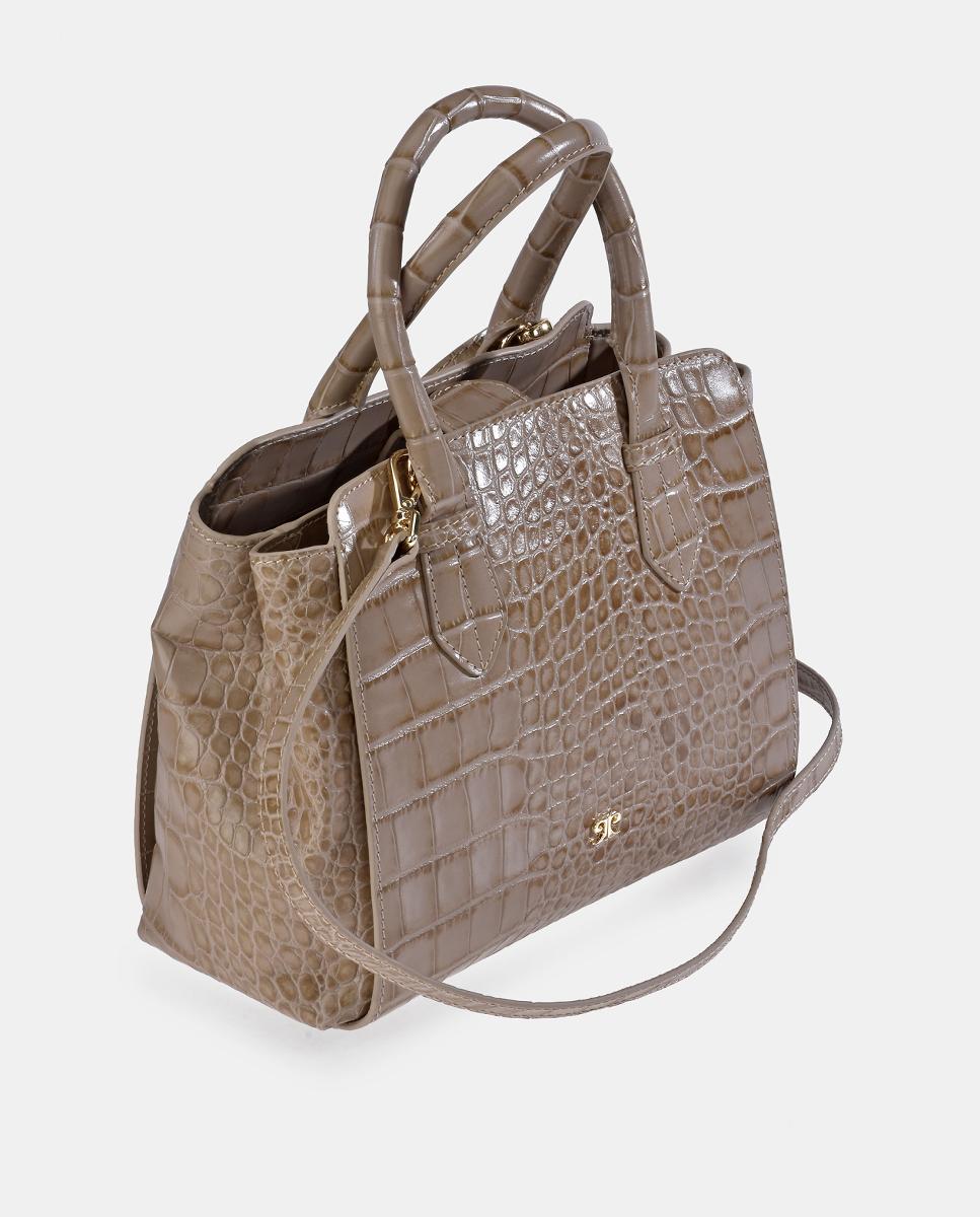 Mala Shopper Pequena de Alça Dupla em Pele com Efeito Croco Bege-2