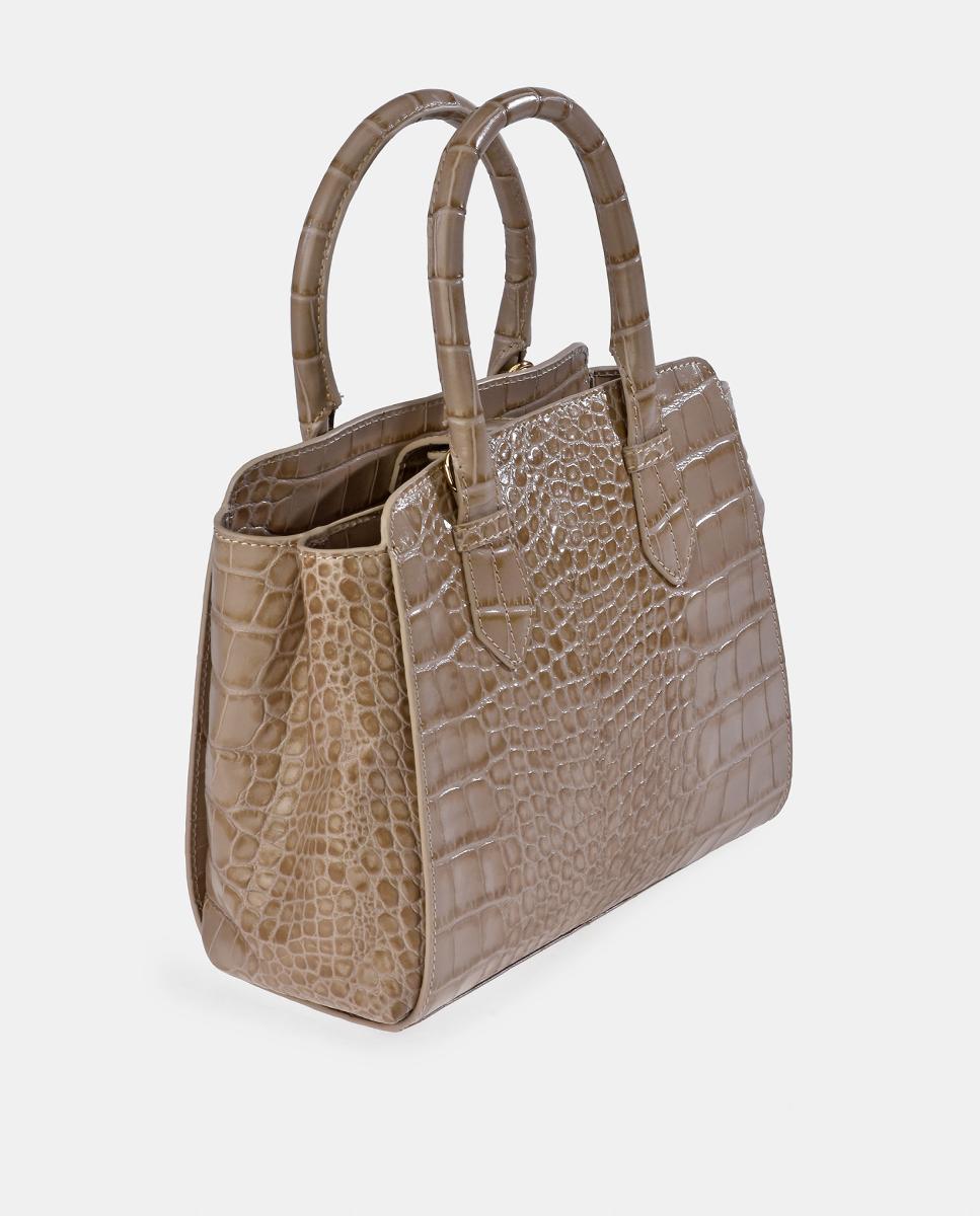 Mala Shopper Pequena de Alça Dupla em Pele com Efeito Croco Bege-3