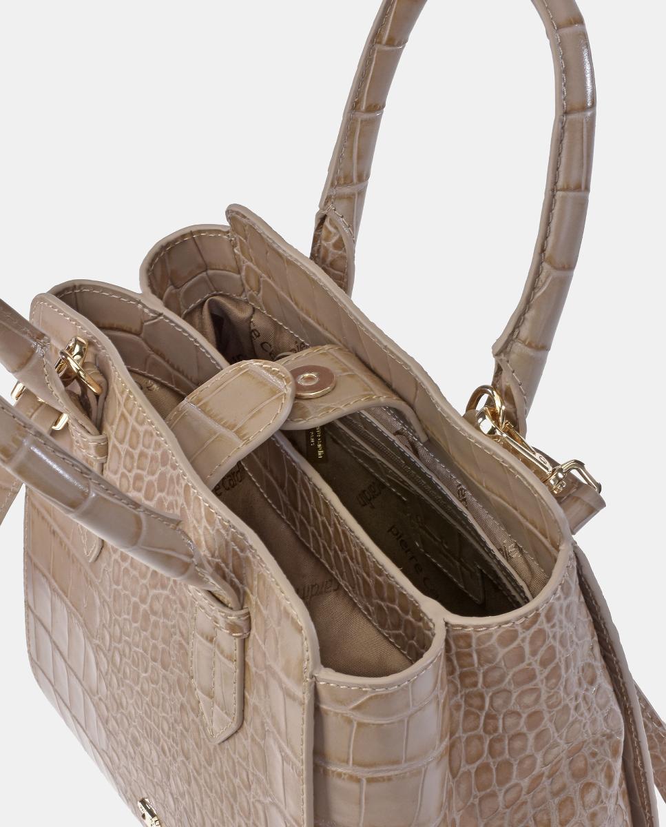 Mala Shopper Pequena de Alça Dupla em Pele com Efeito Croco Bege-4